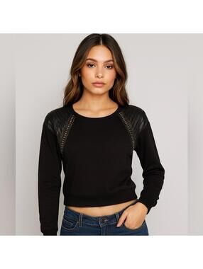 Bebe Black Quilted studded leather Shoulder Top